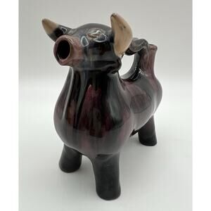 Enesco Redware Pottery Purple & Black Drip Glaze Bull Cow Creamer Vintage Japan
